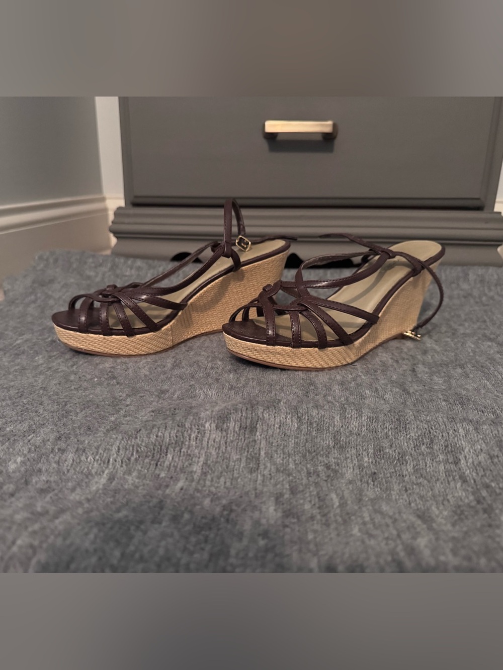 Women’s Brown Wedge Sandals with Straw Platform